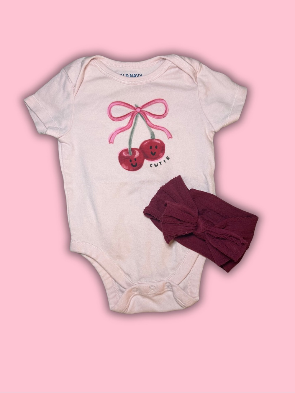 Old Navy Pink Cherry Onesie with Maroon Headband 6-12M